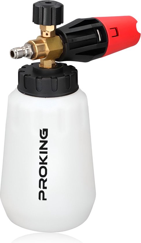 Canon à mousse PROKING avec bouteille blanche, bouchon noir et raccords en laiton.
