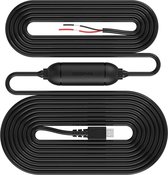 Zwarte DDPAI hardwire kabel met micro-USB connector en rode en zwarte draden.