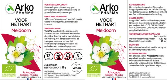 Twee verpakkingen Arkopharma Meidoorn, 'voor het hart', met bloem en bladeren, 45 capsules.