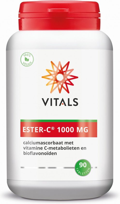 Witte pot met rode dop, Vitals Ester-C 1000 mg. Met 100% vegan logo. 90 tabletten.
