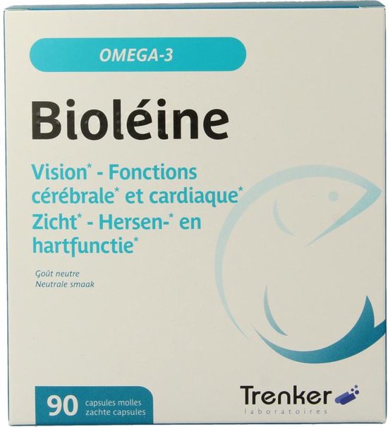 Witte doos met Bioléine, OMEGA-3, Visio, Hersen- en hartfunctie, 90 zachte capsules, Trenker, visicoon.