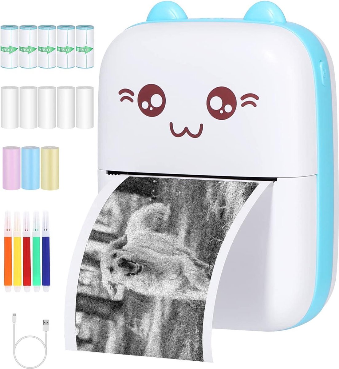 Portable Thermal Photo Printer Wireless BT Pocket Printer with 13 Rolls Thermal Paper - Instant Rechargeable Mobile Printer for Photo Labels Memo