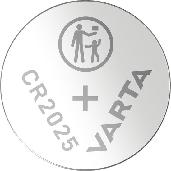 Zilveren Varta CR2025 batterij met '+' en merknaam.