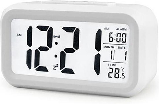 Foto: Thar digitale wekker alarm klok met temperatuur kalender snooze en led verlichting wit