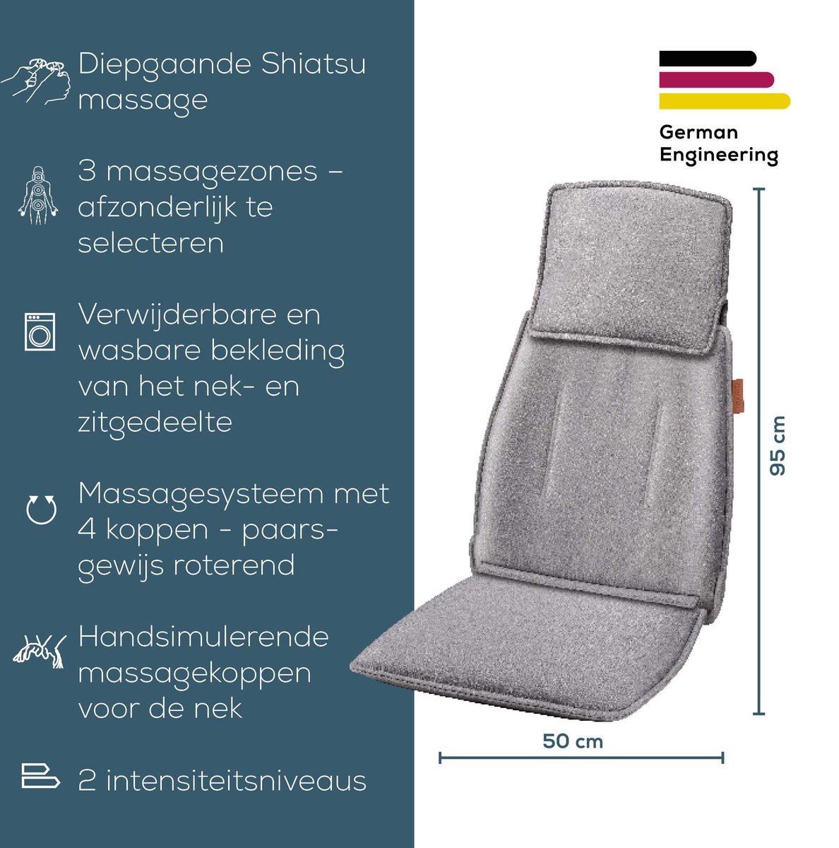 Beurer MG 330 Grey Shiatsu Massagekussen - Massagestoel - Verstelbaar nekgedeelte - 4 Massagekoppen paarsgewijs roterend - 2 Intensiteitsniveaus - Wasbare hoes - 3 Jaar garantie - Grijs – foto 4