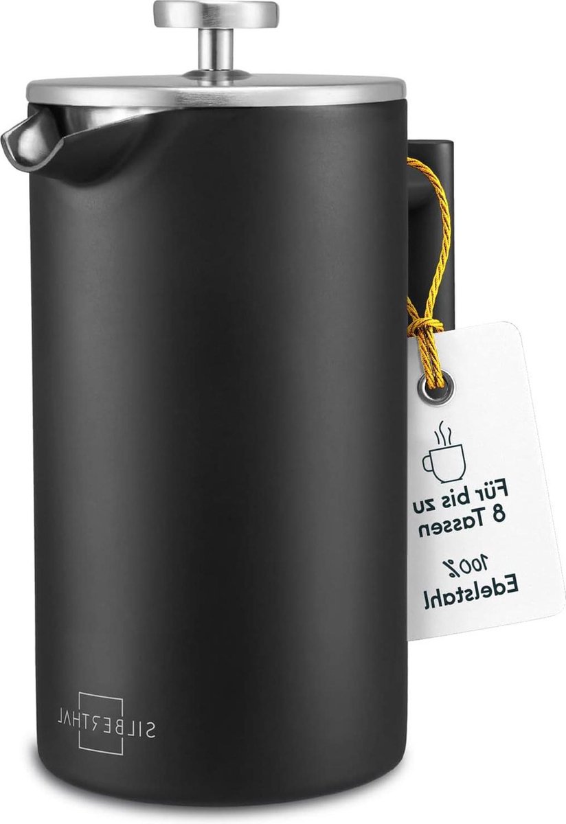 French Press Koffiezetapparaat 1 liter - roestvrij staal dubbelwandig geïsoleerd - 6-8 kopjes - zwart