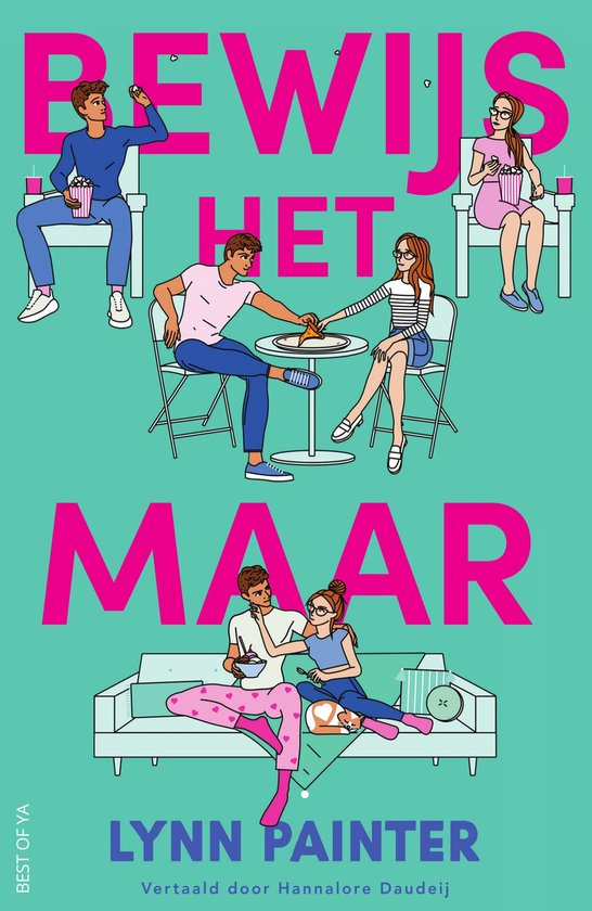 Titel "Bewijs het maar" met illustraties van koppels die eten en relaxen.