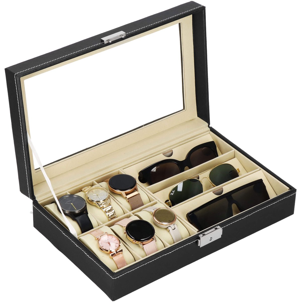 Springos Horlogedoos - Brillendoos - Horlogebox - Opbergdoos - Zwart - Creme - 6 Horloges - 3 Brillen