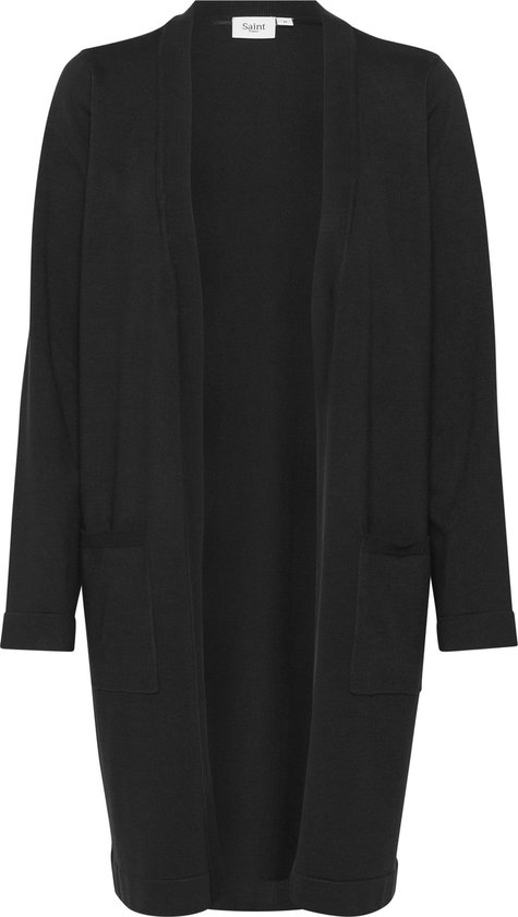 Gilet noir en tricot à manches longues, devant ouvert et deux poches plaquées.