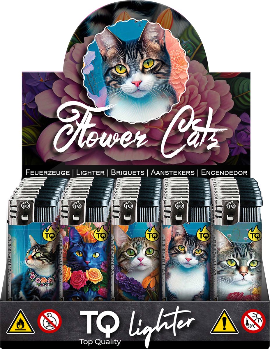 Goedkoopste Elektronische aansteker hervulbaar - Design Flower Cat - Display 50 stuks - wegwerpaansteker - electronic lighter - klik aanstekers
