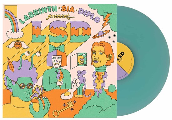 Turquoise vinylplaat met hoes. De hoes toont een kleurrijk, psychedelisch ontwerp met "LSD" in grote letters en karakters.