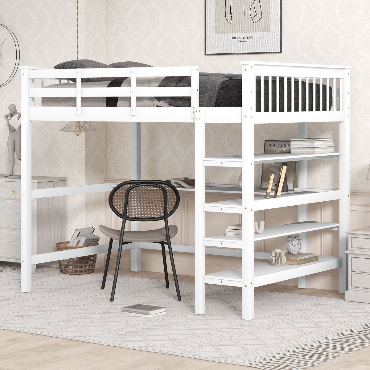 Sweiko Kinderbed, Kinderloft bed, Hoogdslaper met Opbergvakken en Bedbureau, 140 x 200cm, Wit.(Zonder stoelen)