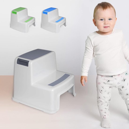 Foto: Premium opstapkruk zeer stabiel tot 100 kg 2 treden anti slip coating 26 cm hoog kinderkruk kinderopstapje tevredenheidsgarantie 3 jaar grijs