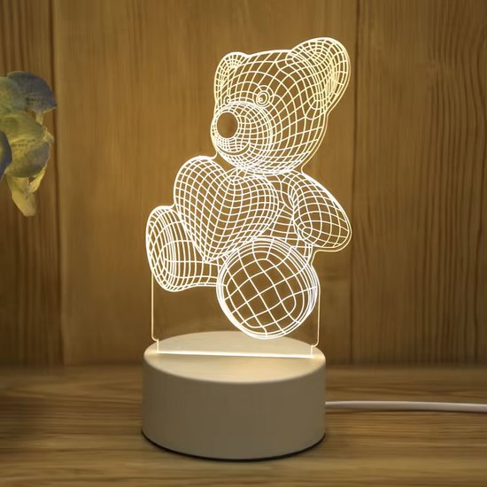 3D illusie LED lampje - Teddybeer - Beer - Warm licht - Inclusief 230v stekker - Tafellamp - Sfeerlamp - Bureaulamp - Nachtlamp - Cadeautje - Kinderlamp - Decoratie - Geboorte - Verjaardag - Valentijn