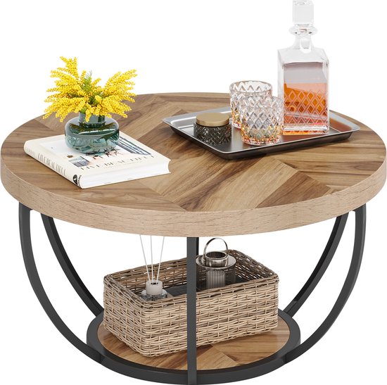 TRIBESIGNS - Ronde 80CM - Table d'appoint - Table basse - Table - Table d'appoint - Grain de bois et noir - Panneau MDF & métal