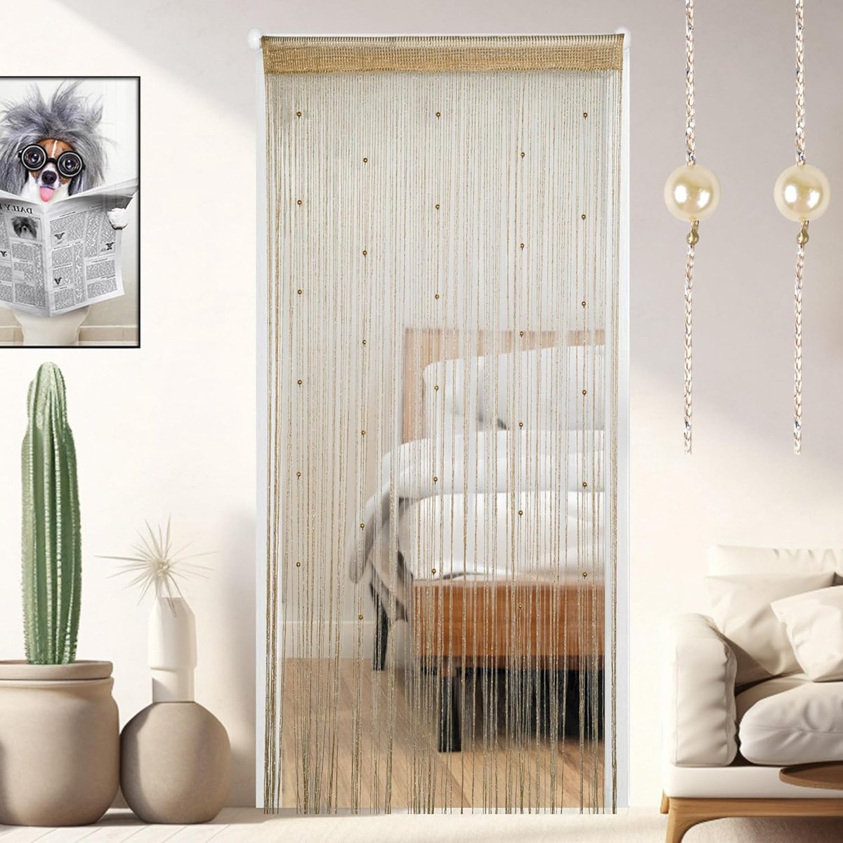 WedDecor Beige snaargordijnen glitter franje paneel