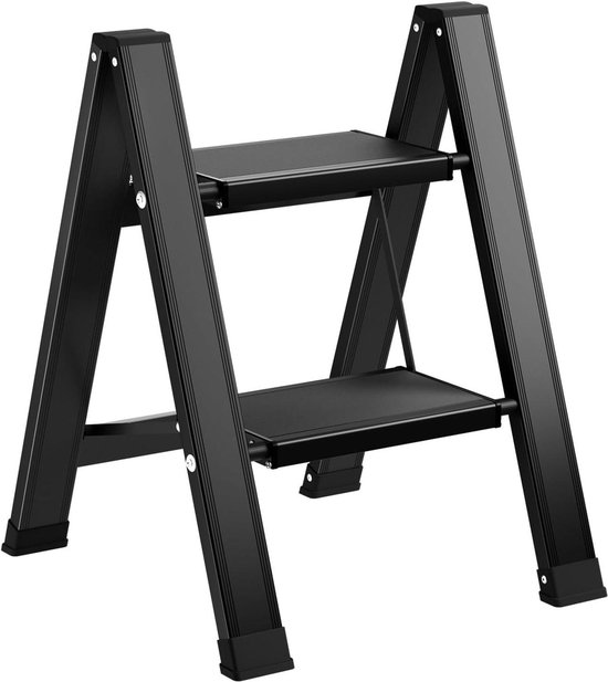 Foto: Inklapbare trapladder 2 treden aluminium vouwtrap met anti slip draagbare opvouwbare huishoudladder tot 150 kg zwart