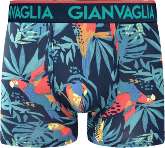 Boxershort met donkerblauwe jungleprint en kleurrijke papegaaien. Groene tailleband met roze rand.