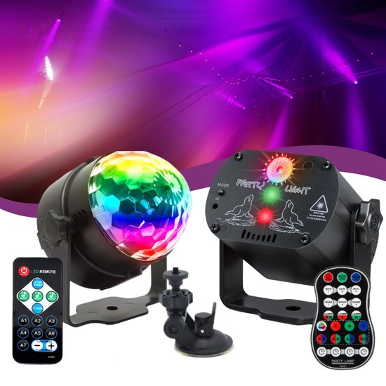 Lucion® Discolamp & Party light set - Discolampen - Discobal - Party Lights - Disco verlichting - Roterende led discolamp verlichting - Stroboscoop effect - Party laser - Feestverlichting set op accu met statief