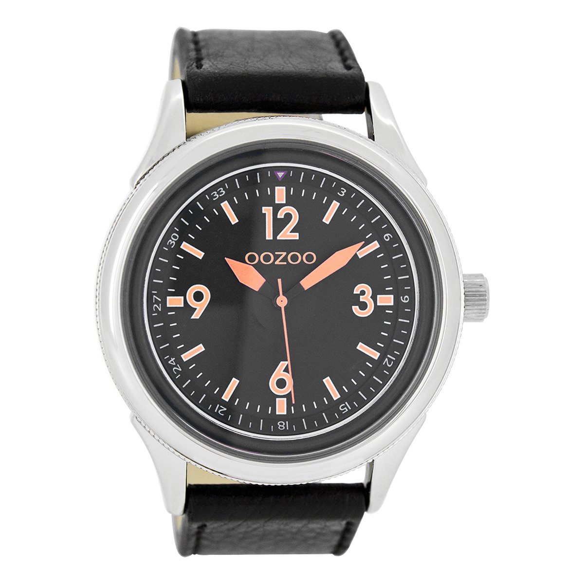 OOZOO Timepieces - Zilverkleurige horloge met zwarte leren band - C7479