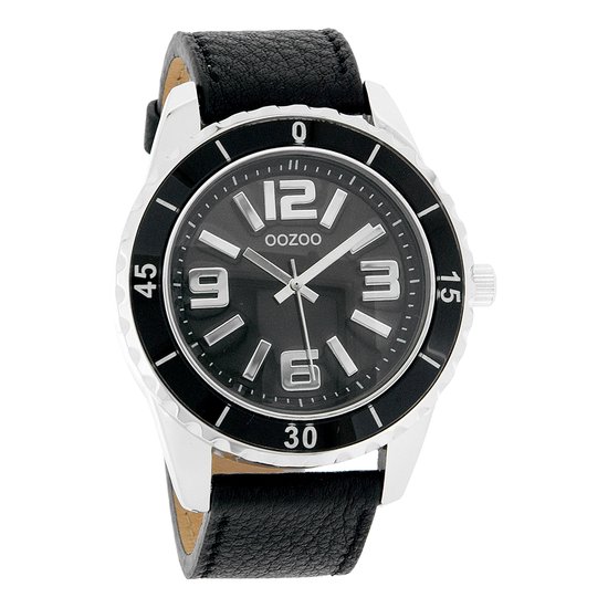 OOZOO Timepieces - Zilverkleurige horloge met zwarte leren band - C4274