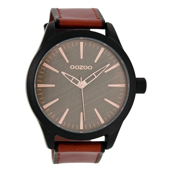 OOZOO Timepieces - Zwarte horloge met rood/bruine leren band - C7427