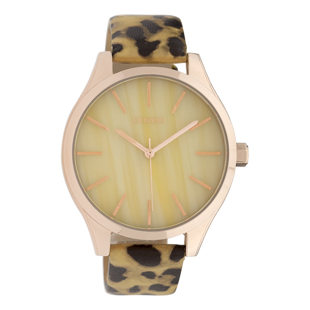 OOZOO Timepieces - Rosé goudkleurige horloge met zwart-goudkleurige leren band - C9792