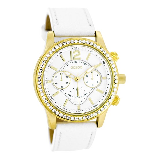 OOZOO Timepieces - Goudkleurige horloge met witte leren band - C5645