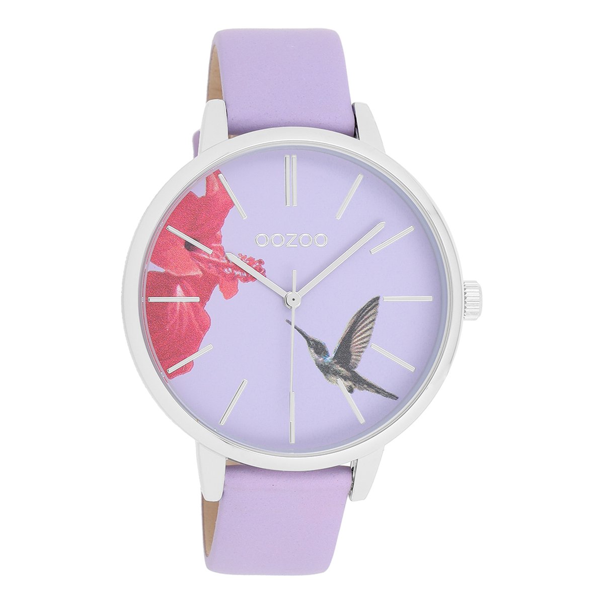 OOZOO Timepieces - Zilverkleurige horloge met lila leren band - C11068