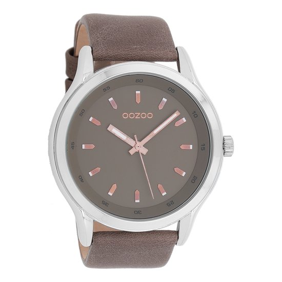 OOZOO Timepieces - Zilverkleurige horloge met donker bruine leren band - C7433