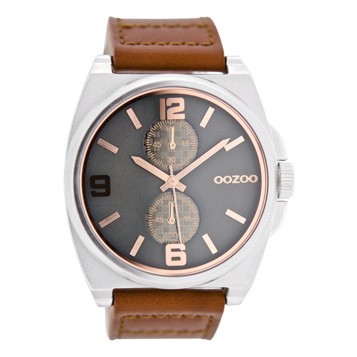 OOZOO Timepieces - Zilverkleurige horloge met bruine leren band - C6757