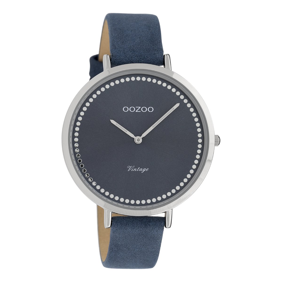 OOZOO Timepieces - Zilverkleurige horloge met donker blauwe leren band - C9852