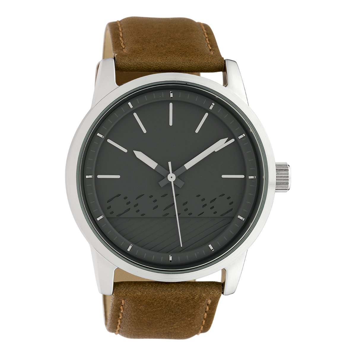 OOZOO Timepieces - Zilverkleurige horloge met bruine leren band - C10305