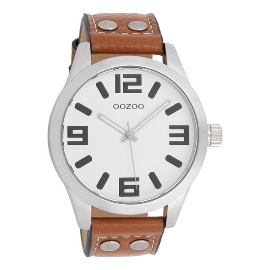 OOZOO Timepieces - Zilverkleurige horloge met bruine leren band - C1051