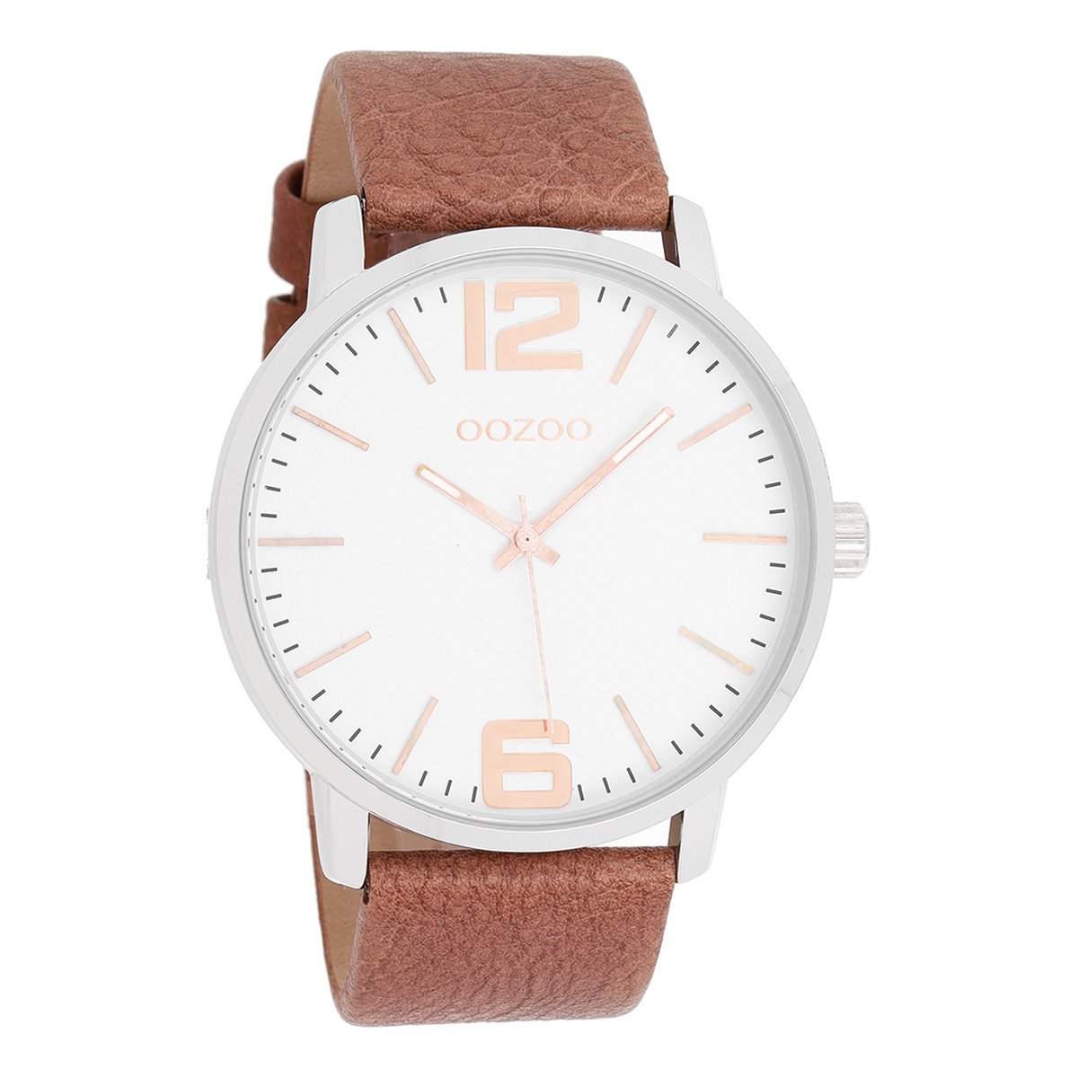 OOZOO Timepieces - Zilverkleurige horloge met cognac leren band - C8501