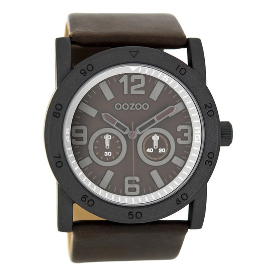 OOZOO Timepieces - Zwarte horloge met donker bruine leren band - C8308