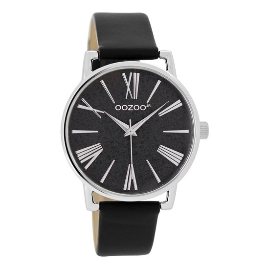 OOZOO Timepieces - Zilverkleurige horloge met zwarte leren band - JR304