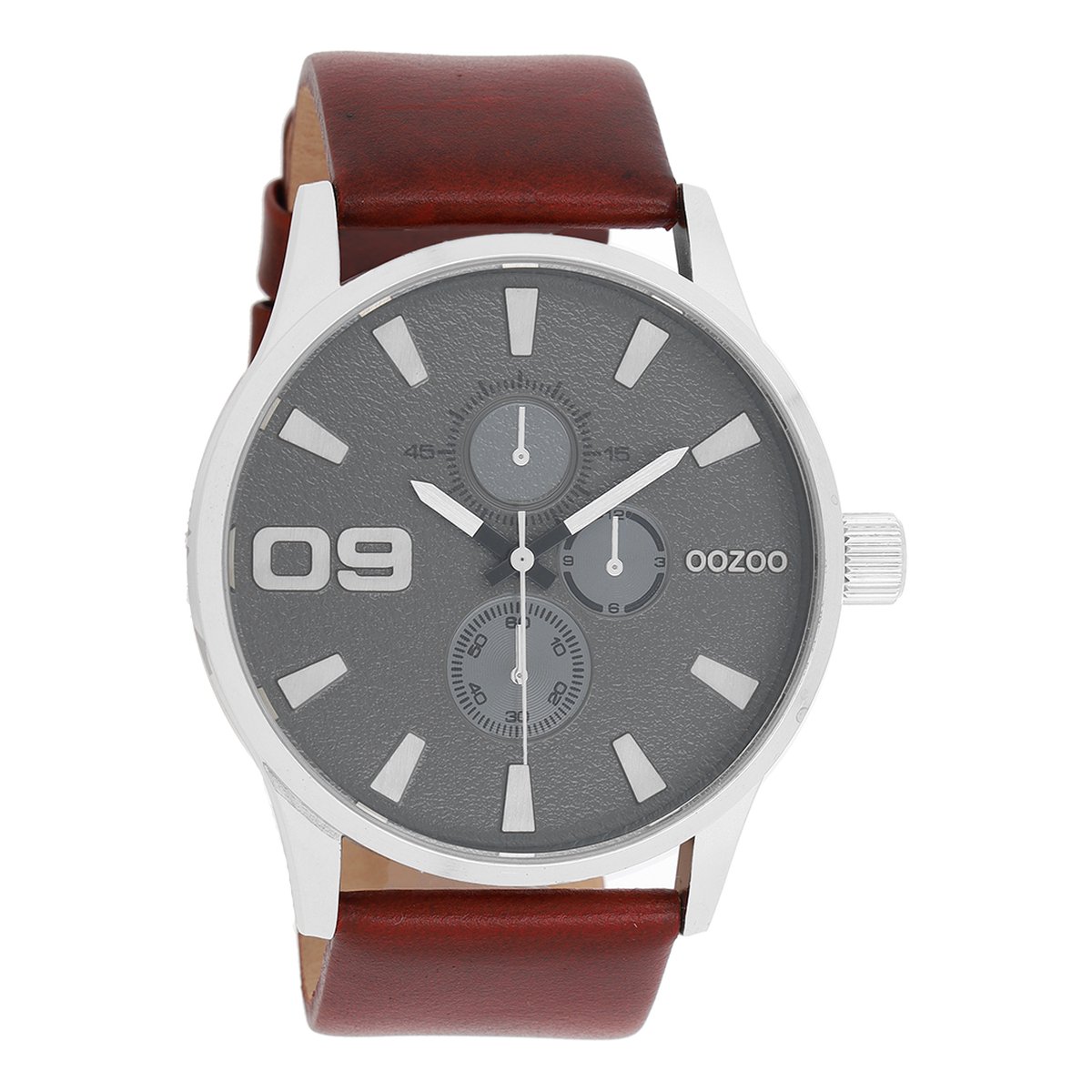 OOZOO Timepieces - Zilverkleurige horloge met donker bruine leren band - C10348