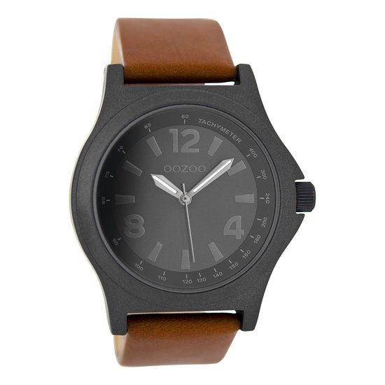 OOZOO Timepieces - Zwarte horloge met bruine leren band - C6879