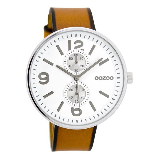 OOZOO Timepieces - Zilverkleurige horloge met cognac leren band - C7075