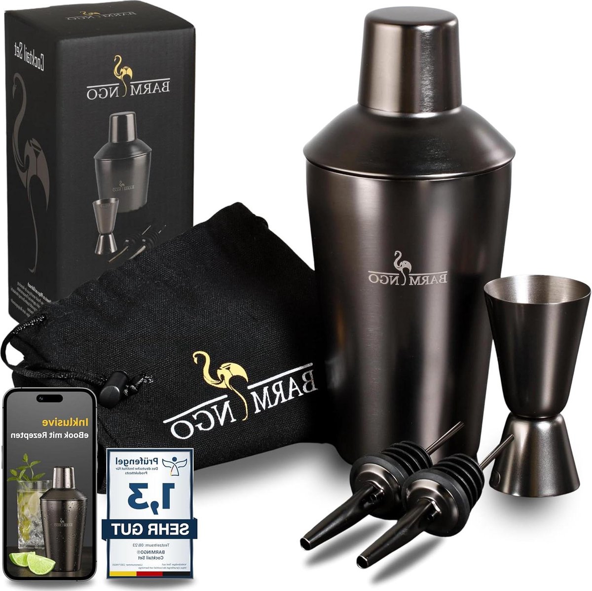 Cocktail Shaker Set 5-delig - 500 ml met Bar Accessoires - Zwart bar set