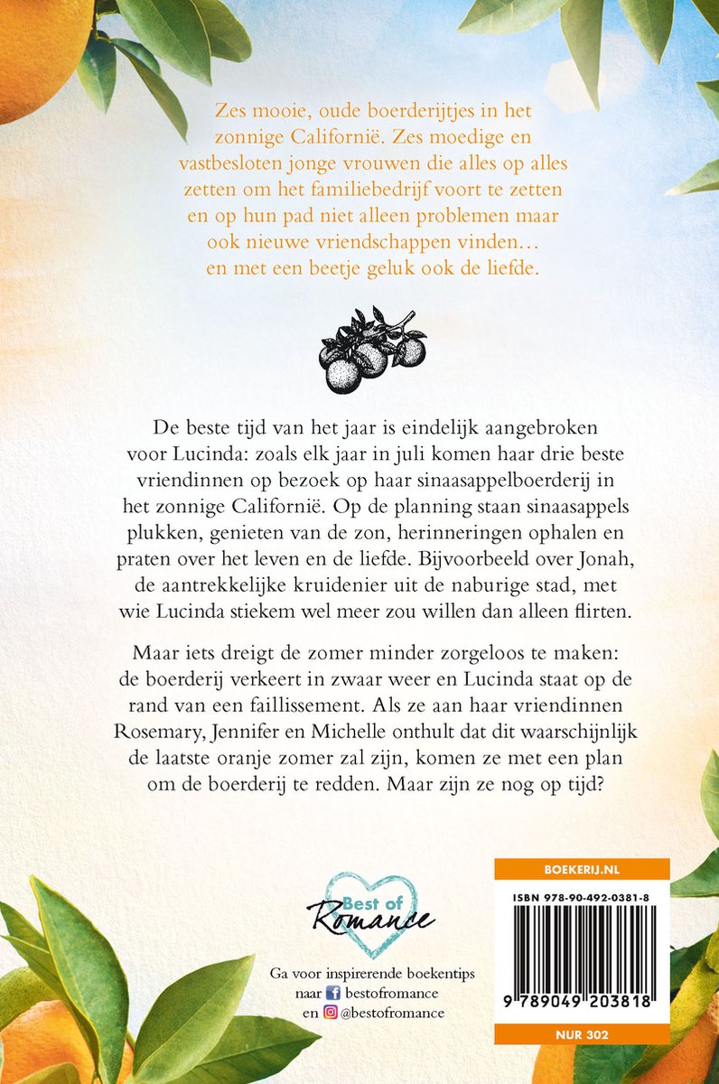 Achterkant van een boek met tekst en sinaasappels. Titel: Zon in de sinaasappelboomgaard.