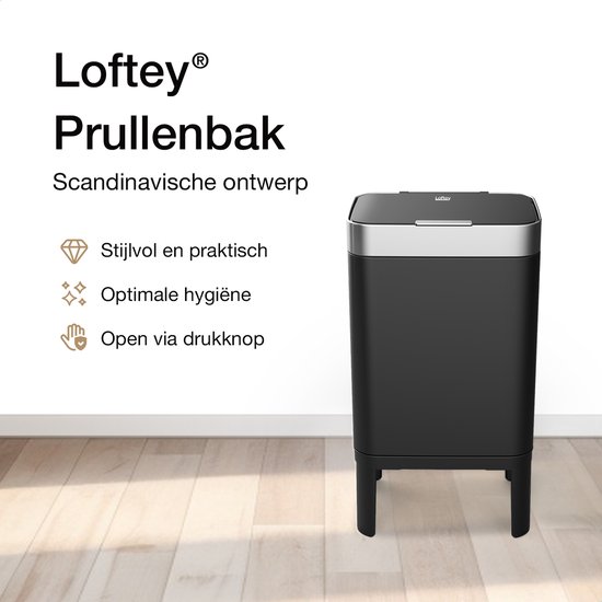 Poubelle Loftey noire avec bord de couvercle argenté et pieds. Design scandinave.