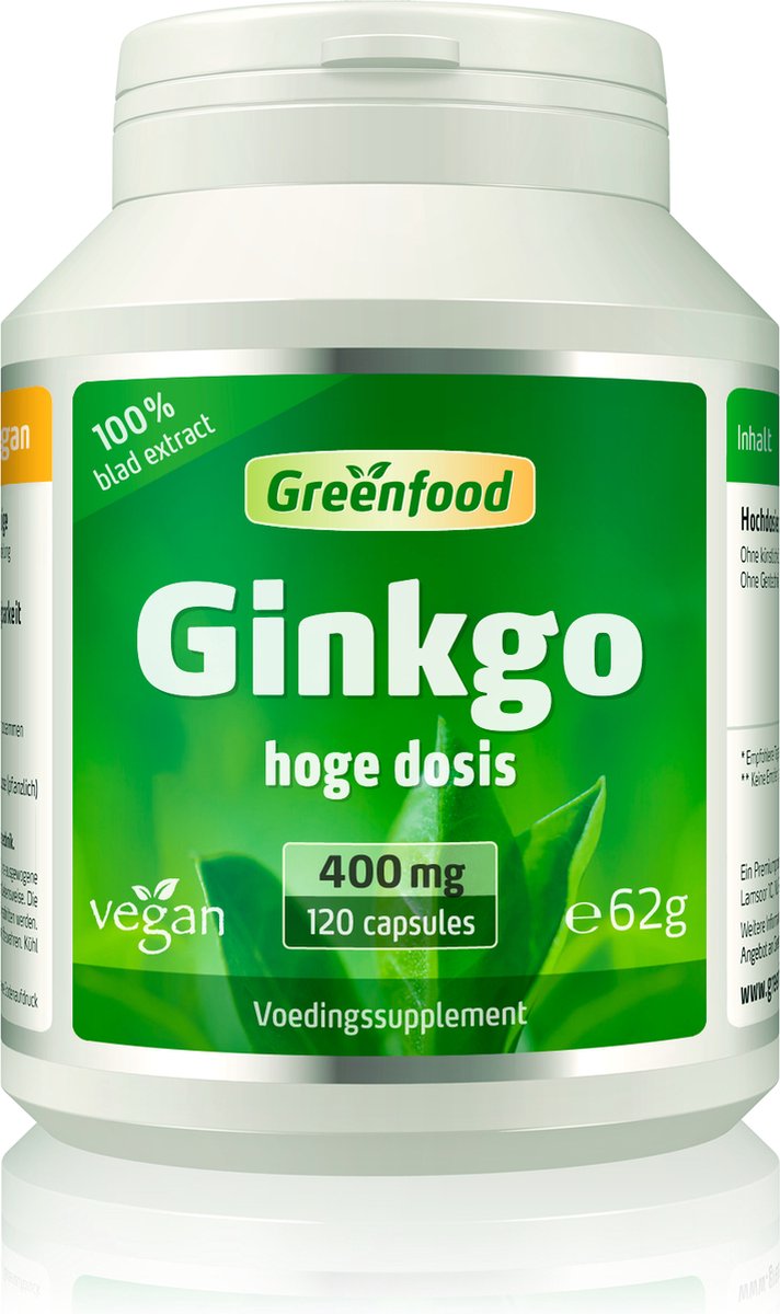 Goedkoopste Greenfood Ginkgo biloba, 400 mg bladextract, hoge dosering (24 flavonen), capsules, met vitamine B5. Zonder kunstmatige toevoegingen. Zonder genetische manipulatie. Veganistisch.