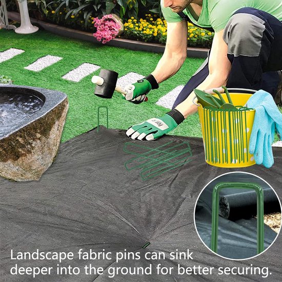 Tuin beveiligen haringen, 6 inch tuin palen gegalvaniseerd landschap nietjes, groene tuin U-vormige netpennen metalen gras pinnen beveiligen pinnen Spikes voor onkruid barrière stof (20 stuks) van Merkloos	 — afbeelding 2