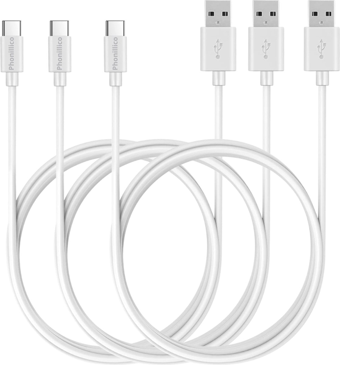 3x USB C naar USB A Kabel Wit - 3 meter - Oplaadkabel voor Xiaomi Mi 10T LITE 5G / Mi 10T / Mi 10T PRO