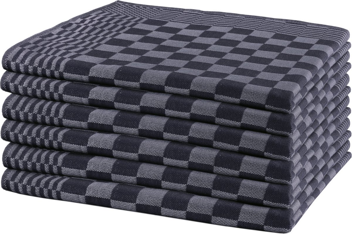 Lucca - Theedoeken geblokt - 65x65 cm - antraciet - 6-pack