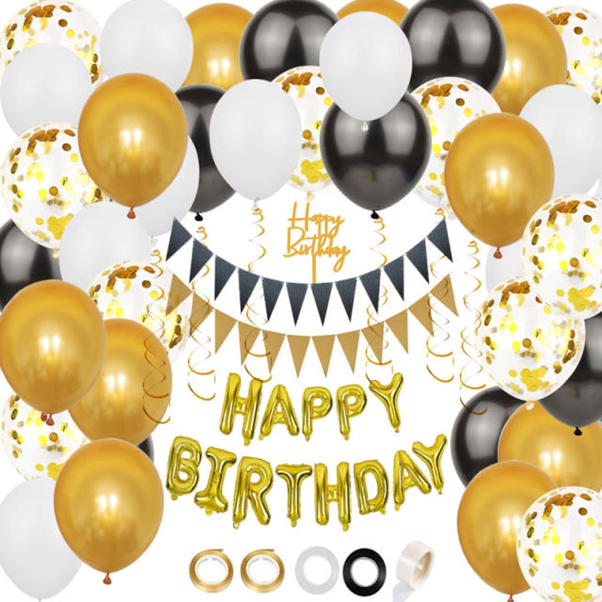 Joya Party® Compleet Goud Verjaardagsversieringspakket | Gouden, Zwarte & Witte Helium Ballonnen | Verjaardag Versiering | Happy Birthday Slingers | Ballon feestpakket | 53 stuks