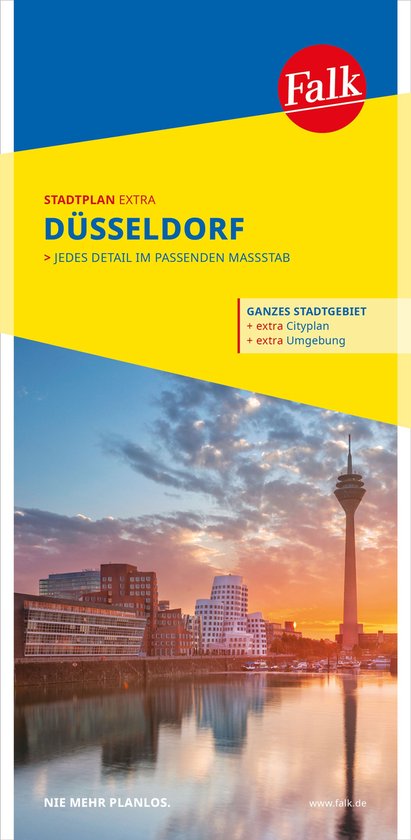 Falk stadsplattegrond Extra Düsseldorf met stadsgezicht bij zonsondergang en de Rijntoren.