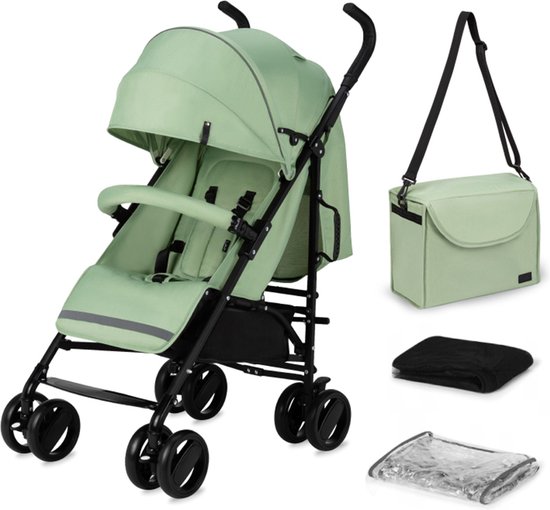 Lichtgroene buggy met zwarte wielen, kap en opbergtas, plus een zwarte deken en regenhoes.